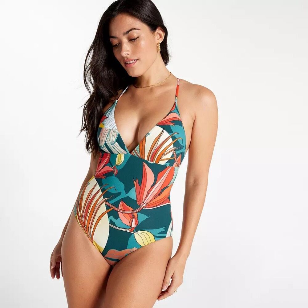 CALIA NWT Botanical Sea Green Triangle Strappy Back One Piece Swimsuit